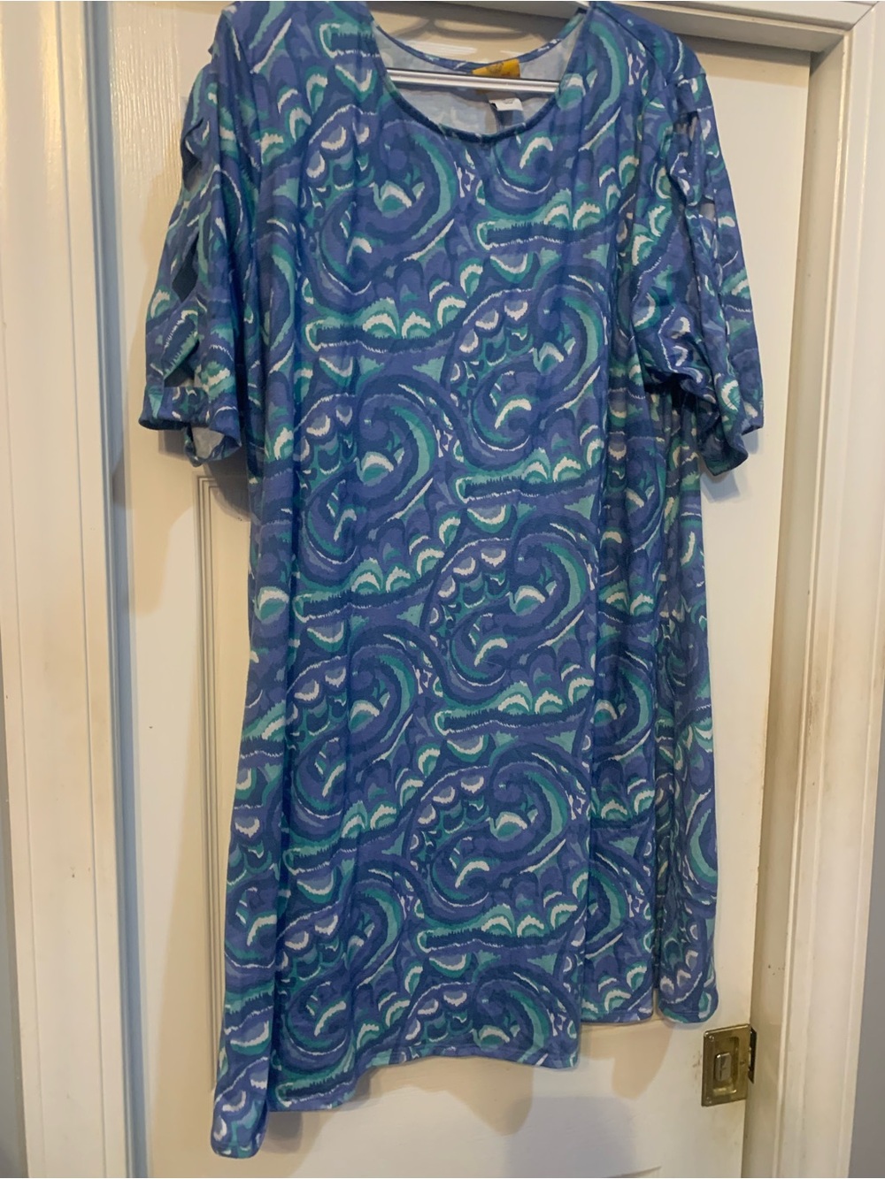 Ruby Rd. Blue & Teal Swirl Print Casual Dress Womens Plus Size